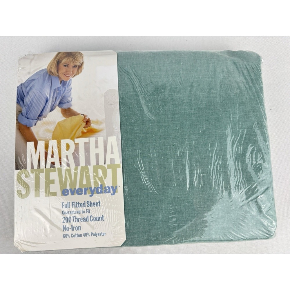 Vintage Martha Stewart Everyday Green Leaf Denim Full Flat Sheet 1997 NOS